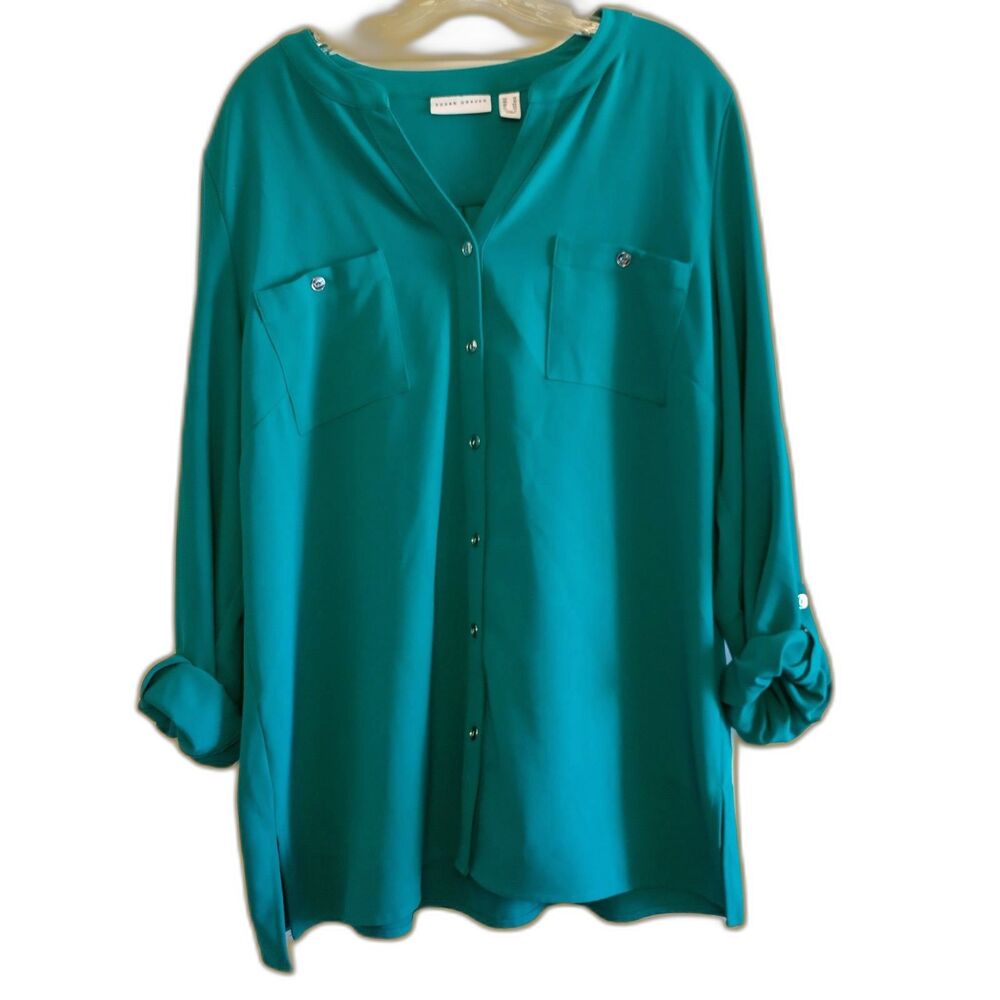Susan Graver Stretchy Green V Neck Blouse Roll Tab Sleeve 14 Loose Fit